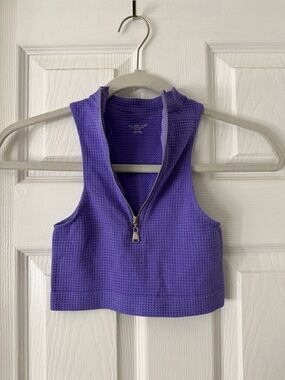 Purple Waffle-Knit Cropped Zip Tank